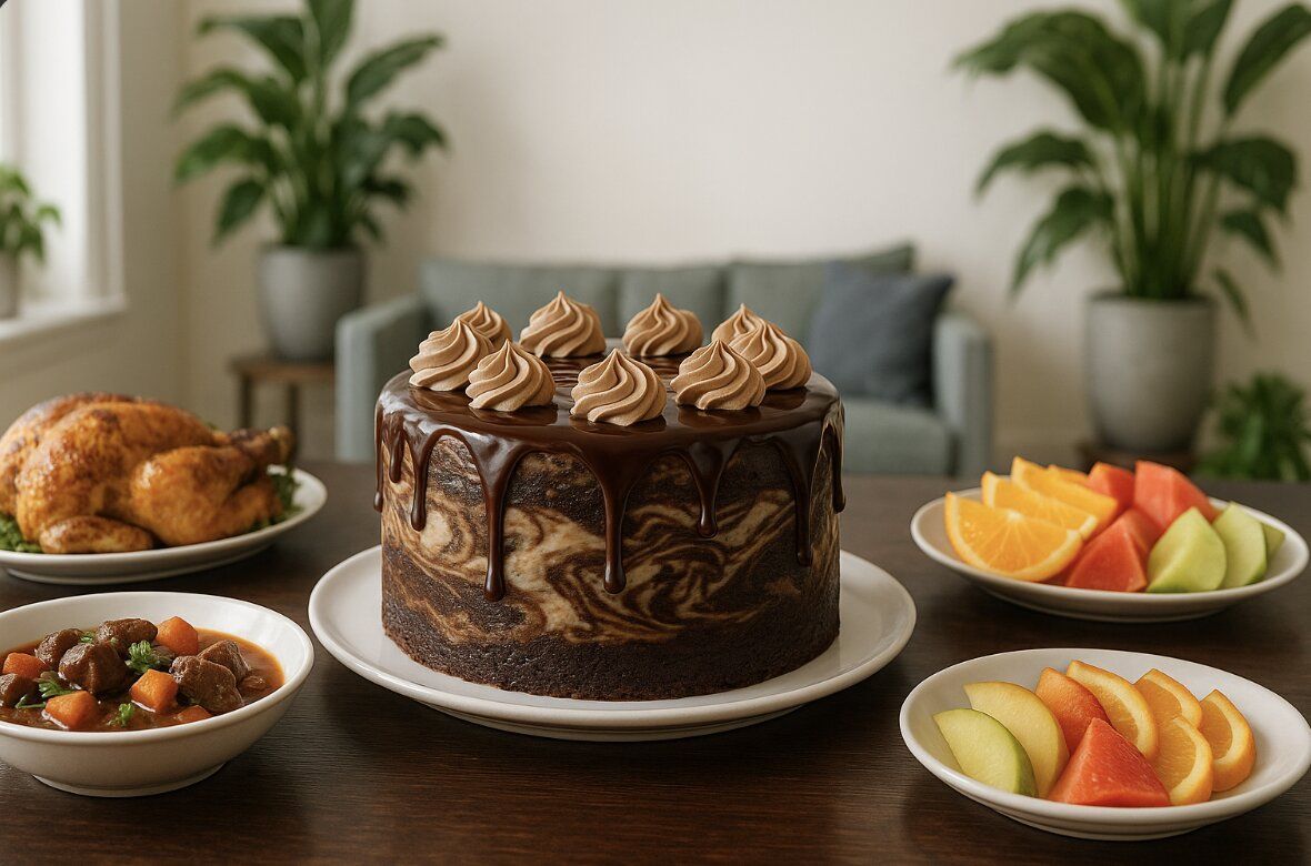 A luxurious dining table in a bright living room with a marble mud cake topped with mocha whipped cream and glossy chocolate sauce, surrounded by roasted chicken, beef stew, and fresh fruit slices.