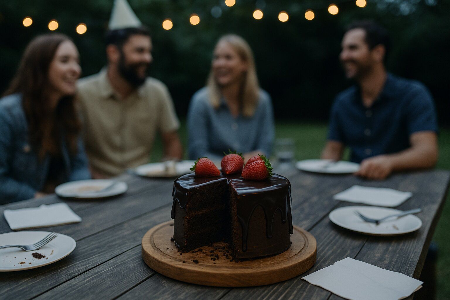 Chocolate cake on picnic table with strawberries and party in background