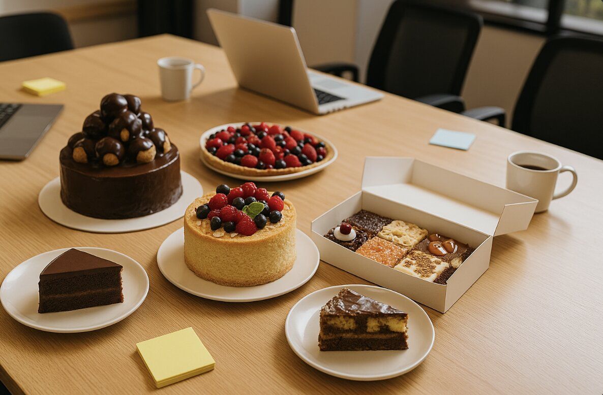 assortment of office celebration cakes on wooden table with team items and natural lighting