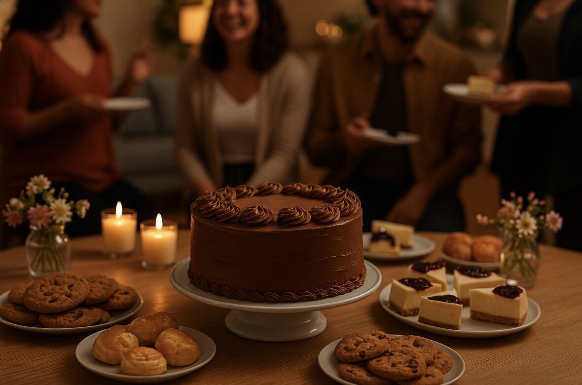 A party dessert table with a chocolate cake surrounded by cheesecake slices, cookies, and pastries, decorated with flowers and candles while guests mingle in the background