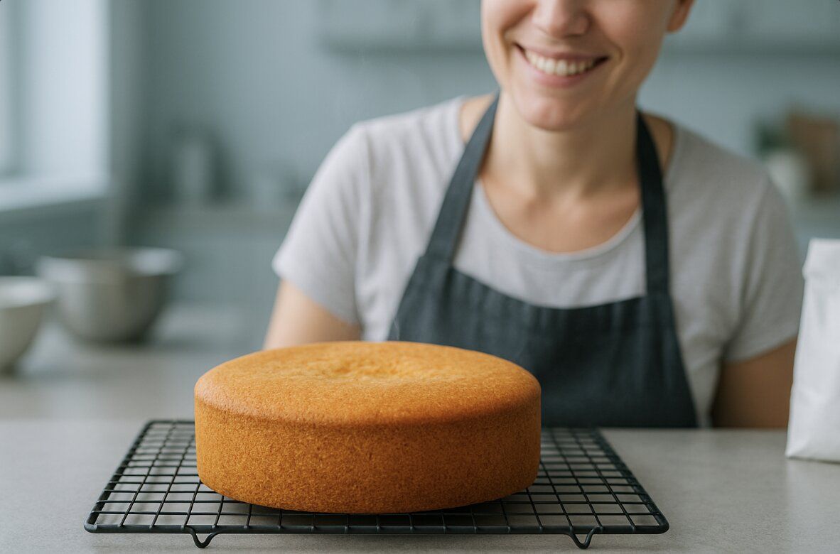 Golden sponge cake cooling on a wire rack in a bright, cool-toned kitchen as a smiling baker admires the freshly baked result, with baking tools softly blurred in the background.