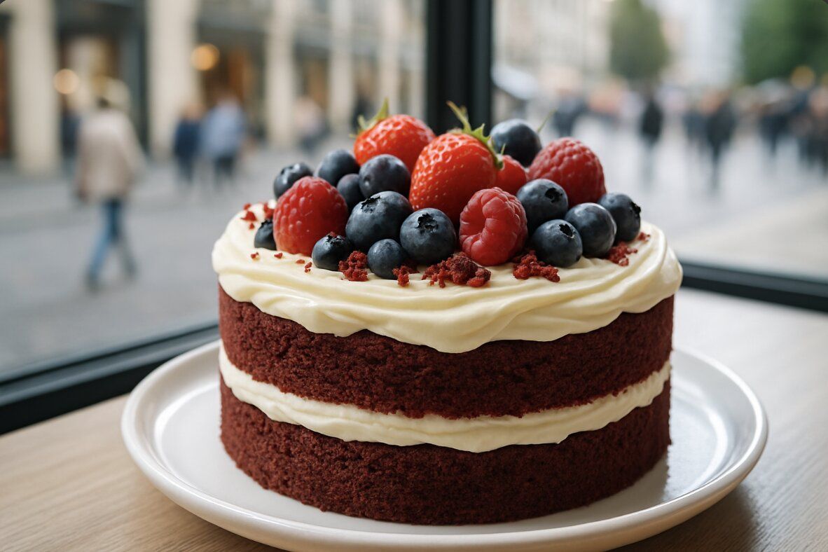 red velvet cake with cream cheese frosting and fresh berries on a white plate by a window overlooking a busy sydney street