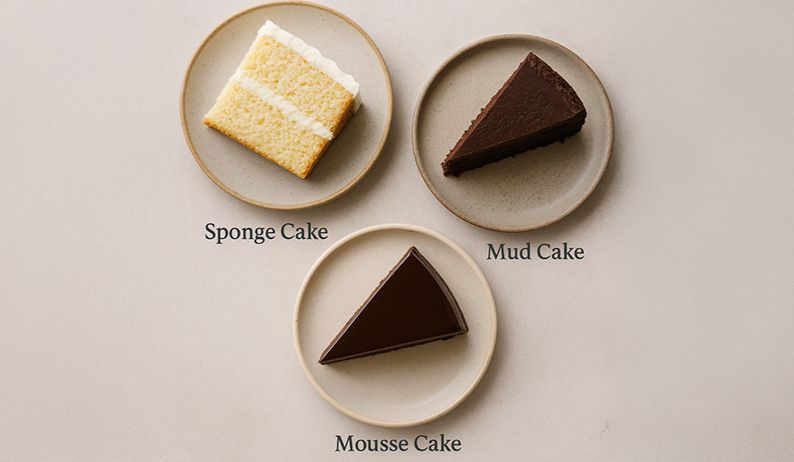 Three slices of cake on elegant plates showing sponge cake, chocolate mud cake, and chocolate mousse cake on a neutral background