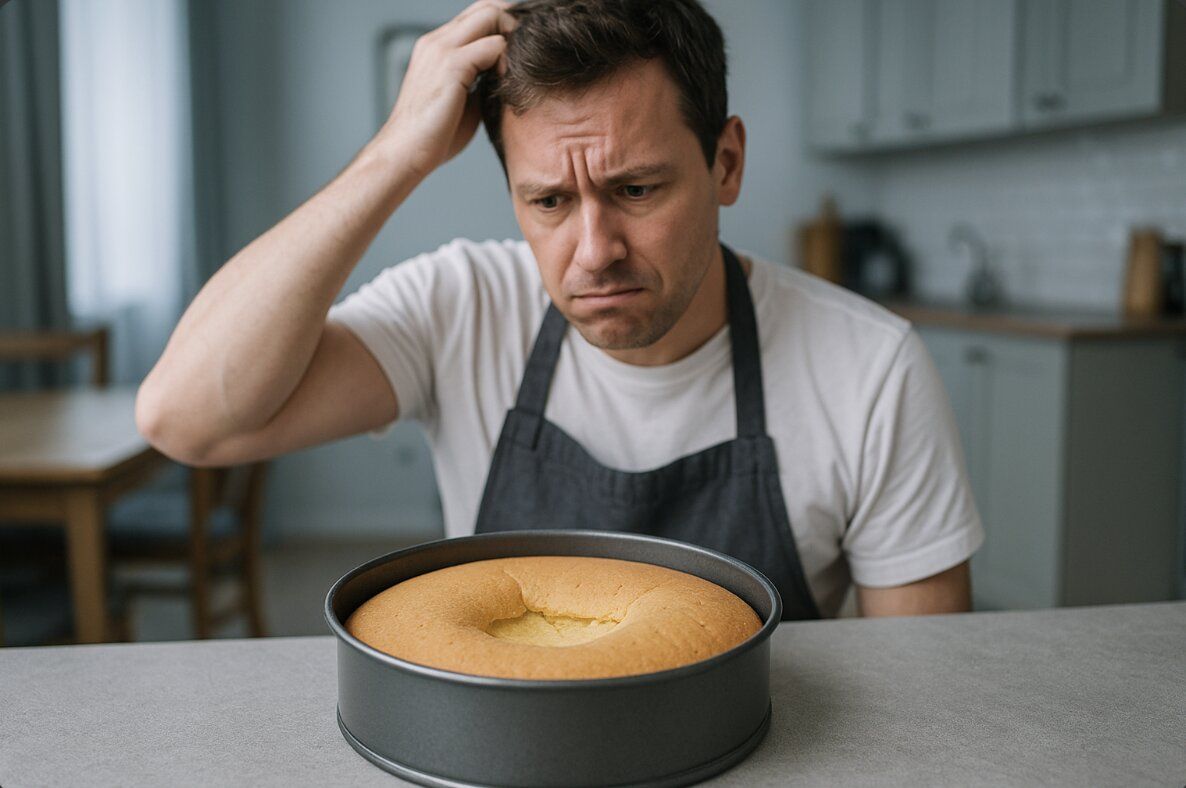 Baker looking confused at a sunken sponge cake inside a round baking pan on a kitchen counter, in a cool-toned home kitchen setting.