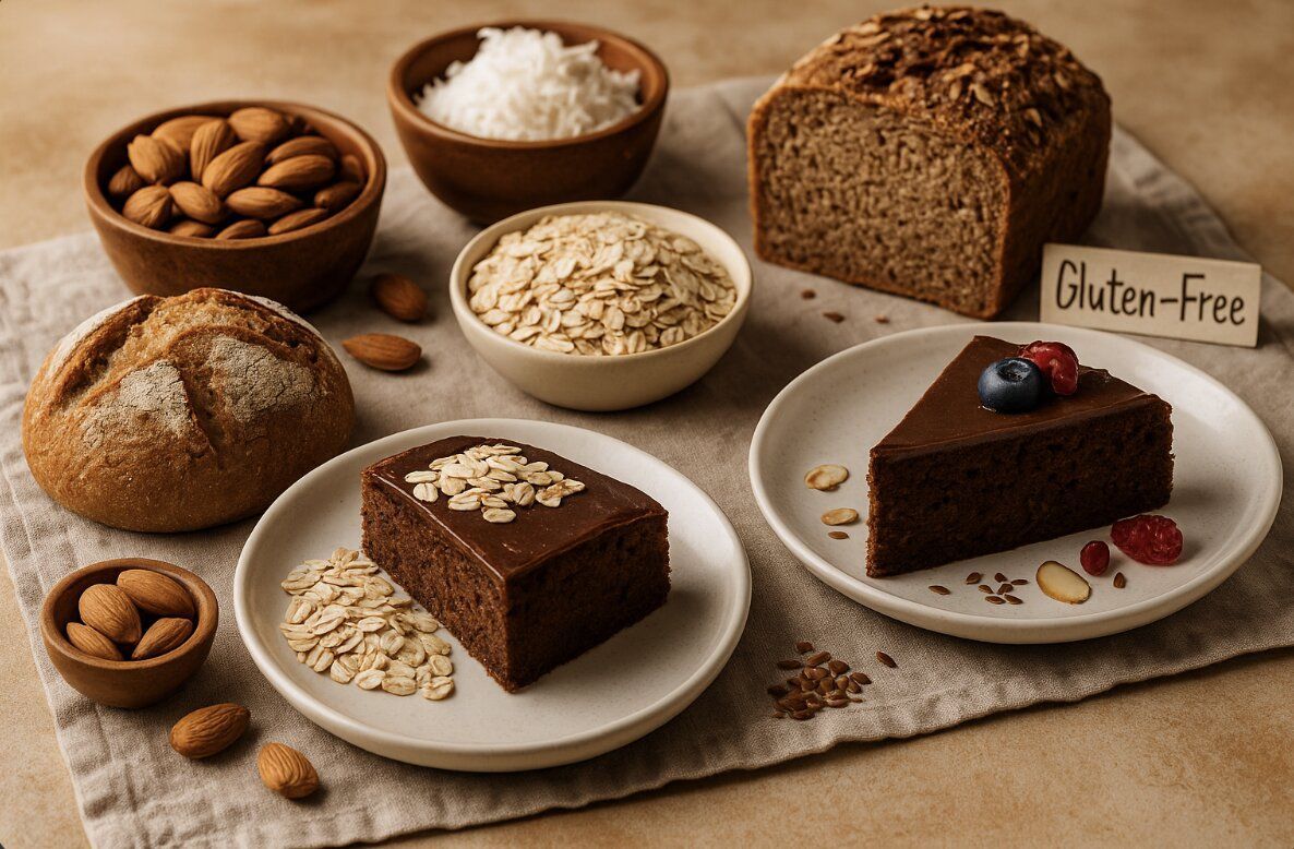 Assortment of vegan and gluten free baking ingredients with fresh bread almonds oats and coconut on linen background