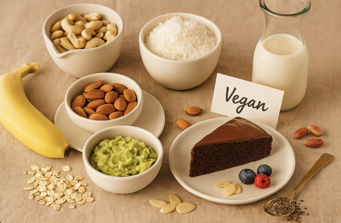 variety of vegan ingredients including banana almonds coconut milk and dark chocolate cake on warm linen background