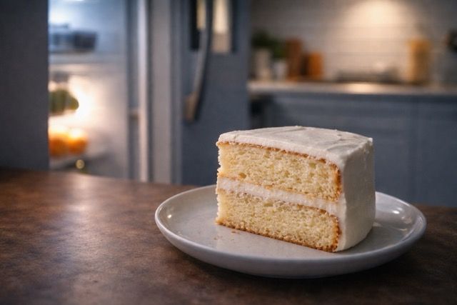 Slice of cake from fridge showing firm texture in kitchen setting