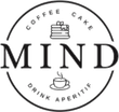 Logo in bianco e nero: "MIND" con "Coffee Cake" sopra e "Drink Aperitif" sotto, più icone di torta e tazza di caffè.