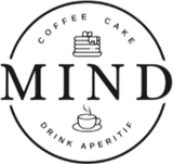 Logo in bianco e nero: "MIND" con "Coffee Cake" sopra e "Drink Aperitif" sotto, più icone di torta e tazza di caffè.