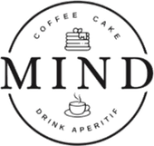 Logo in bianco e nero: "MIND" con "Coffee Cake" sopra e "Drink Aperitif" sotto, più icone di torta e tazza di caffè.