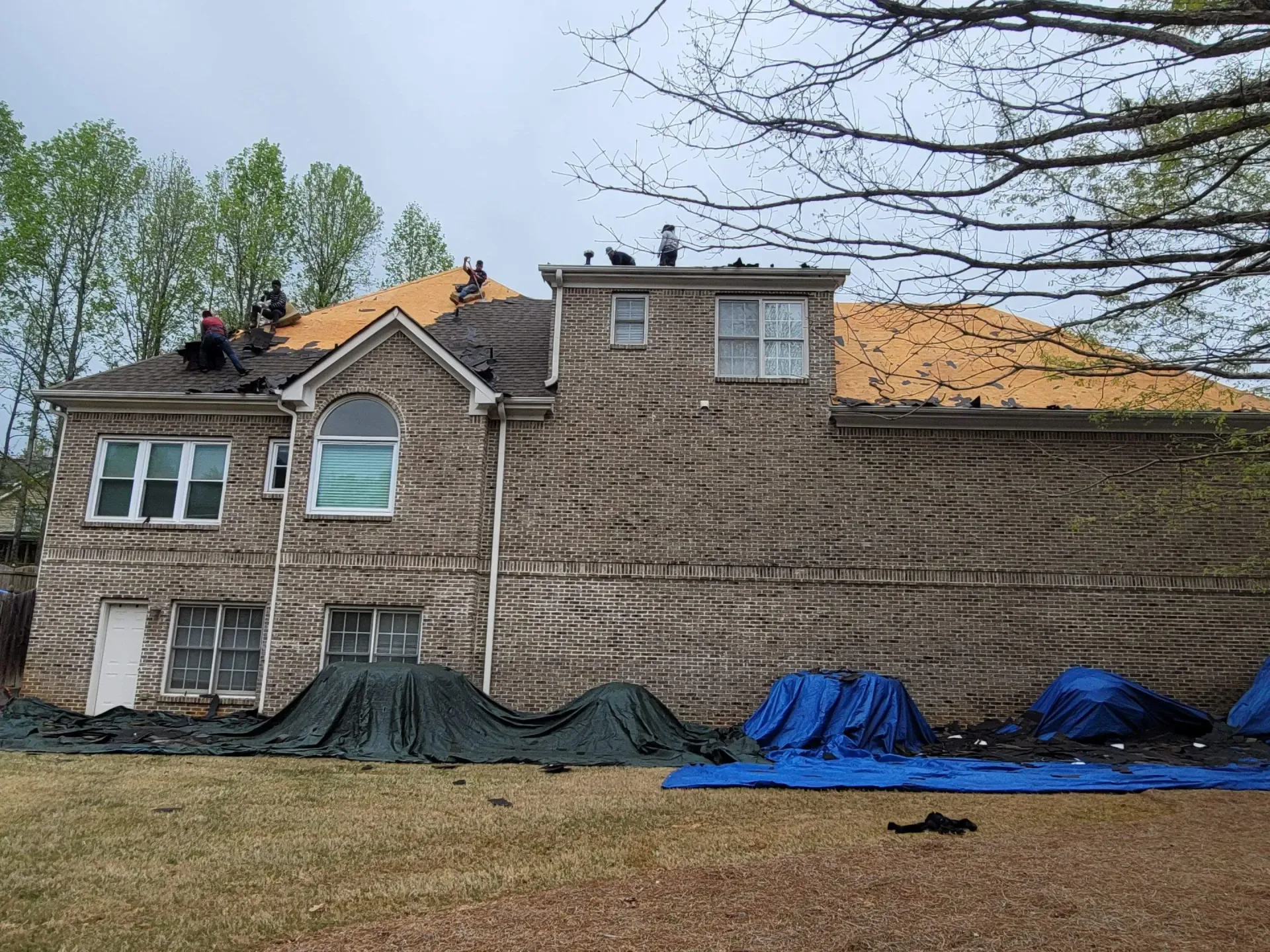 Roofers replace shingles on a two-story brick house; blue and green tarps on lawn.