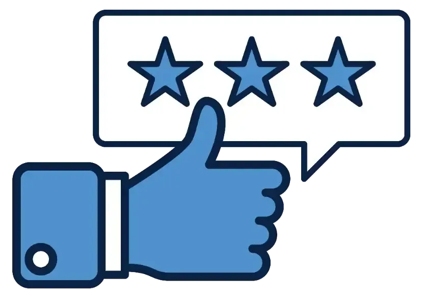 Thumbs-up gesture with a speech bubble containing three blue stars, indicating a good review.