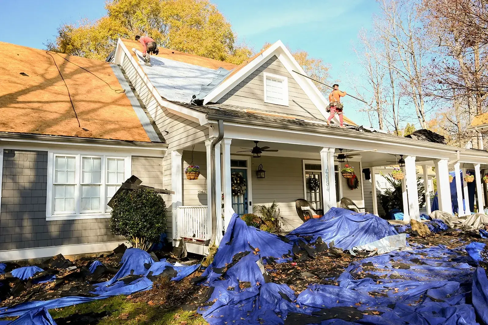 Roofers replacing shingles on a house roof, blue tarps cover the ground.