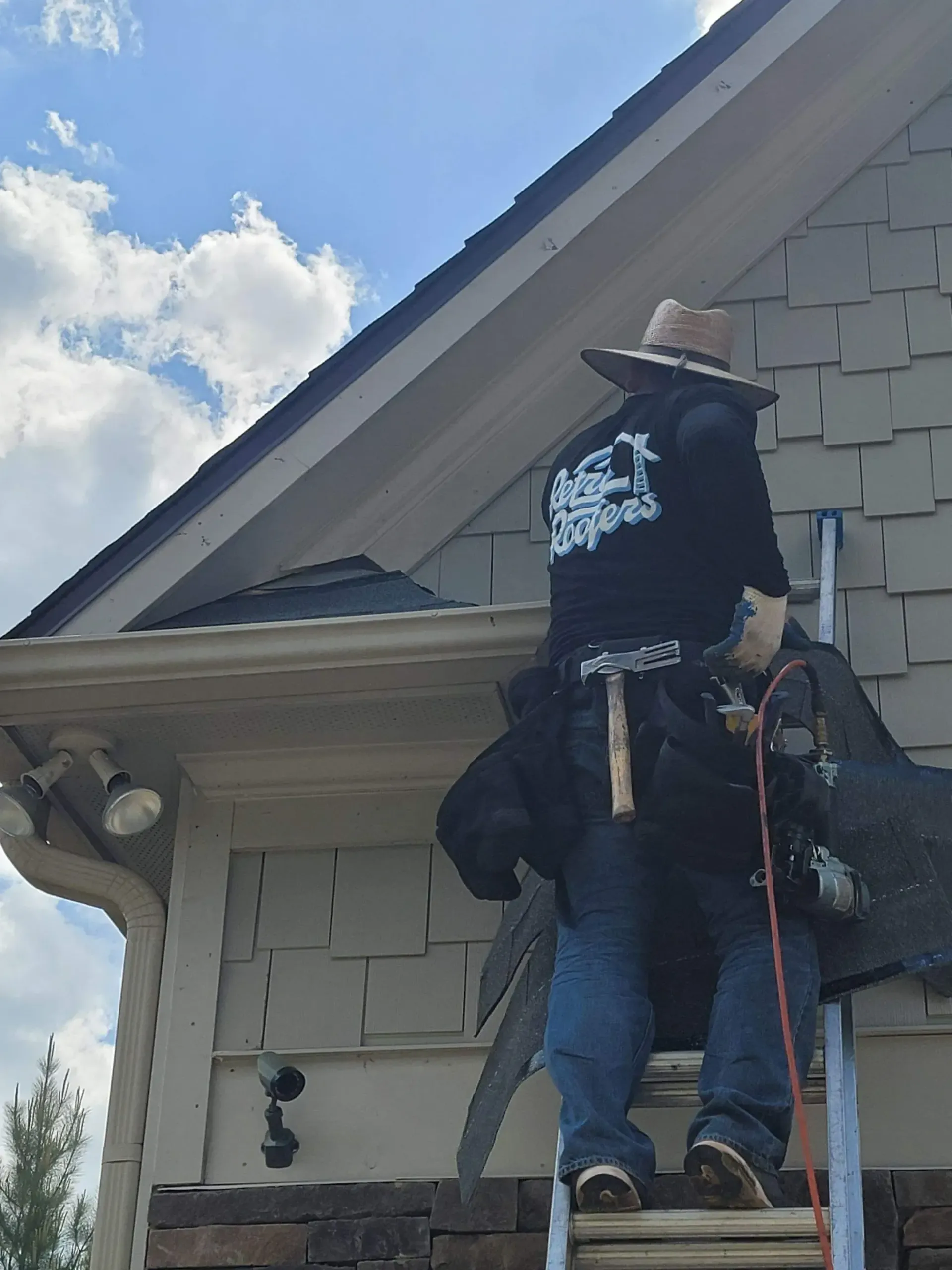 A person in work attire on a ladder, working on the side of a house, against a sky.