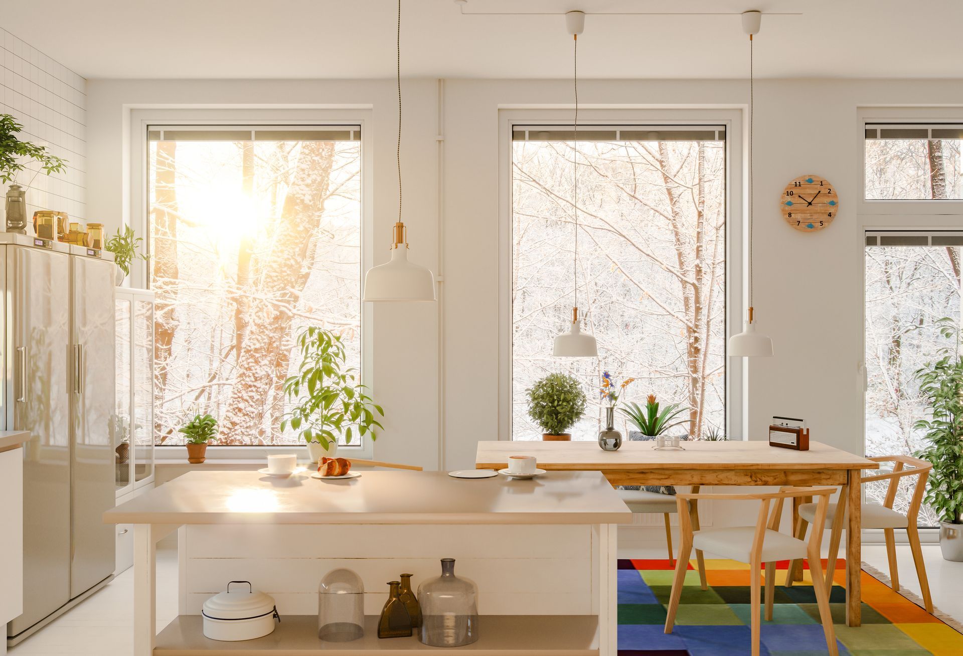 A kitchen with a table and chairs and a clock on the wall.