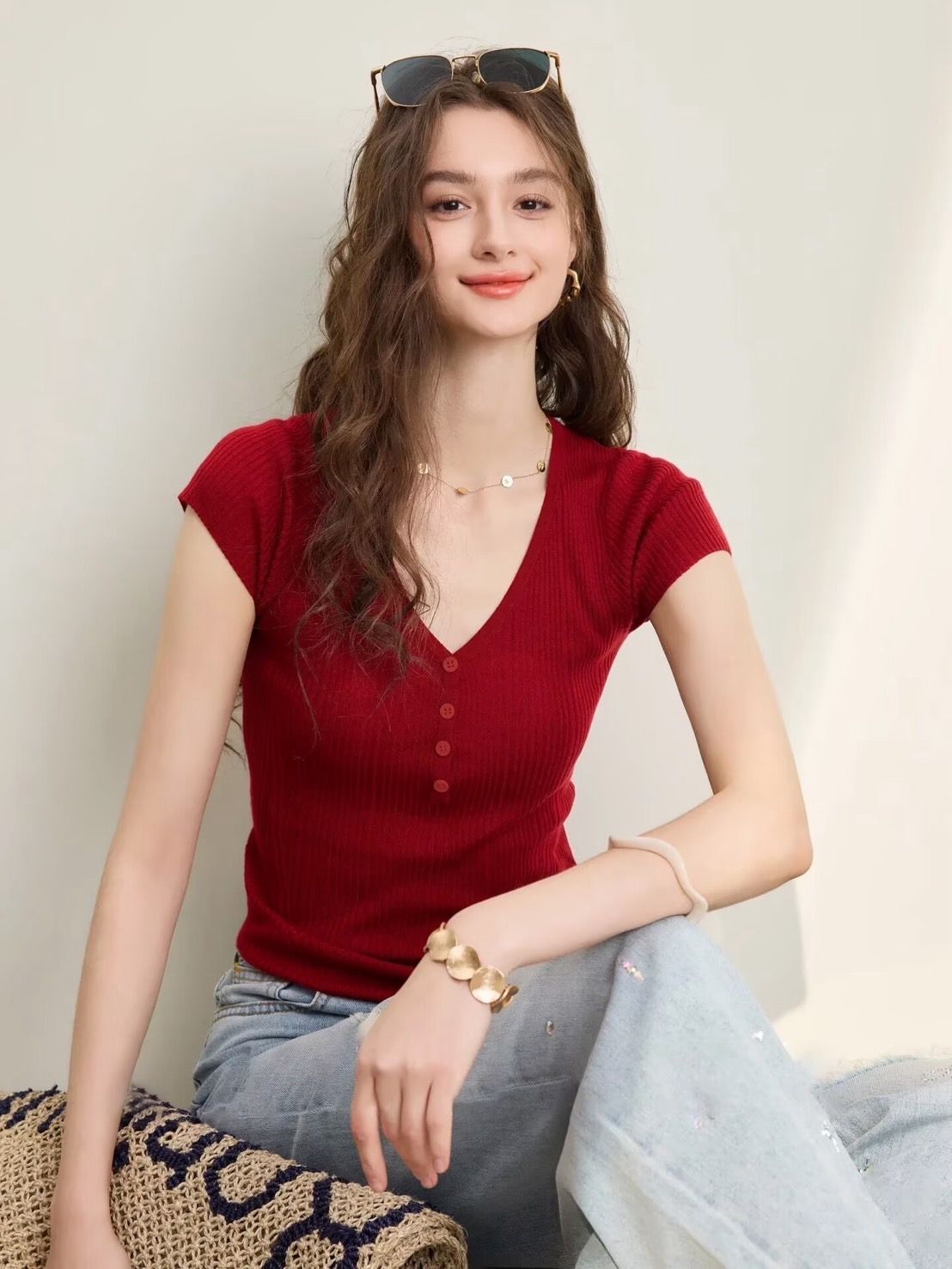 顯白車釐子紅輕薄萊賽爾夏季天絲V領針織衫小飛袖上衣