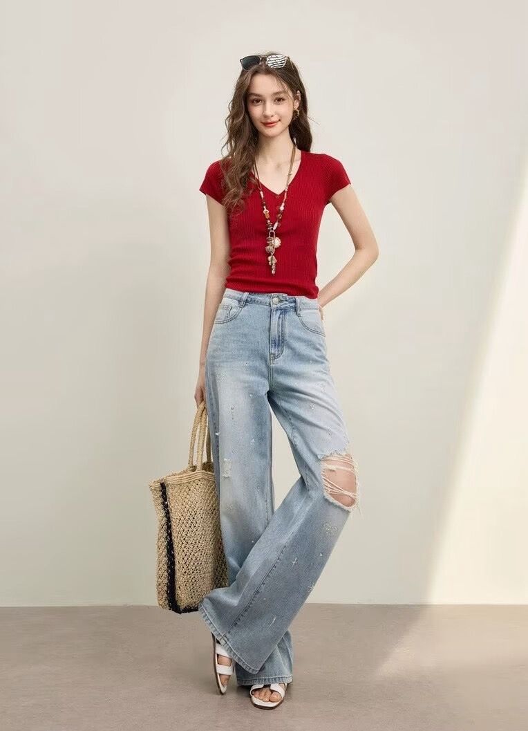 顯白車釐子紅輕薄萊賽爾夏季天絲V領針織衫小飛袖上衣