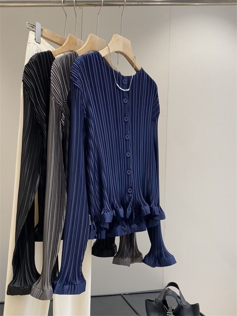 高級線！日系褶皺高溫壓褶早春款設計荷葉邊襯衫