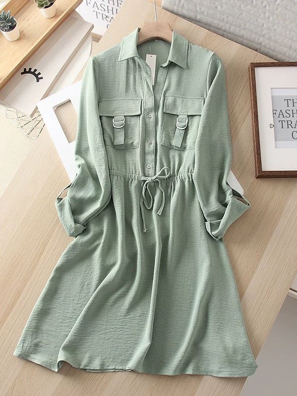 超值通勤百搭休閒薄款透氣腰帶襯衫裙洋裝