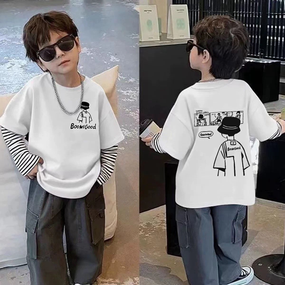 男童漫畫塗鴉假兩件條紋袖上衣！