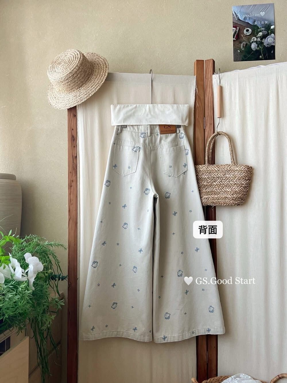 韓版 26S/S -#D0315W-kitty滿版刺繡寬褲褲