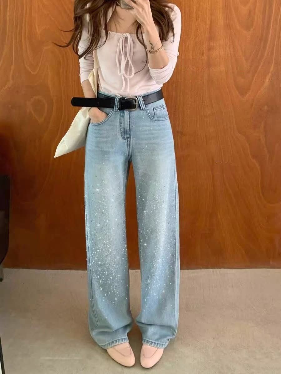 韓版 26S/S -#3590-滿天星爆閃彈力直筒褲