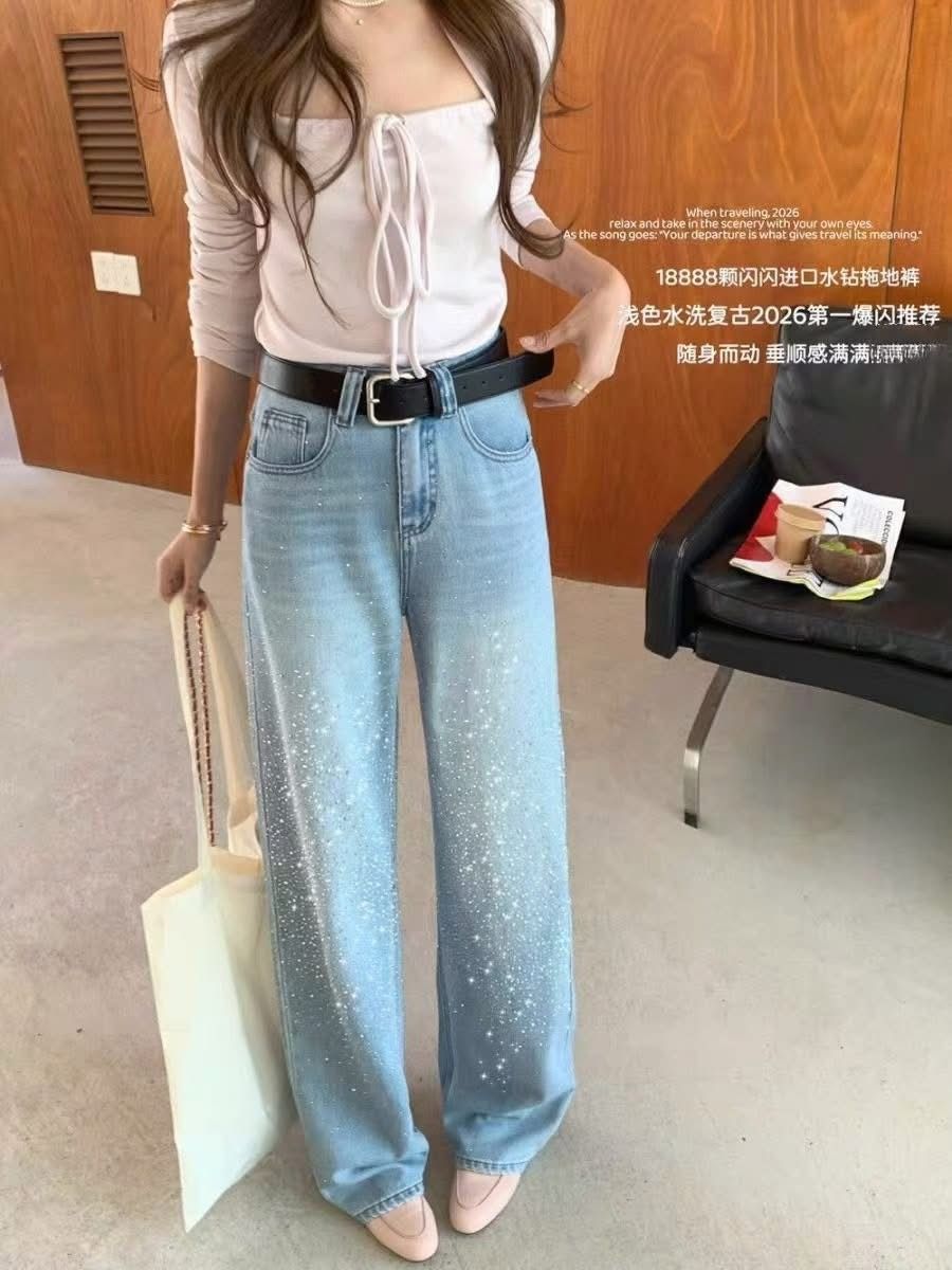 韓版 26S/S -#3590-滿天星爆閃彈力直筒褲