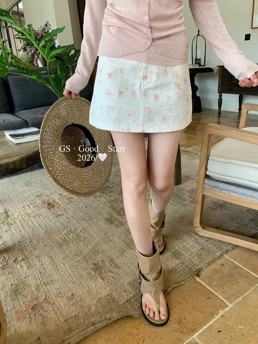 韓版 26S/S -#D0185X-邱比特甜美愛心印花短裙