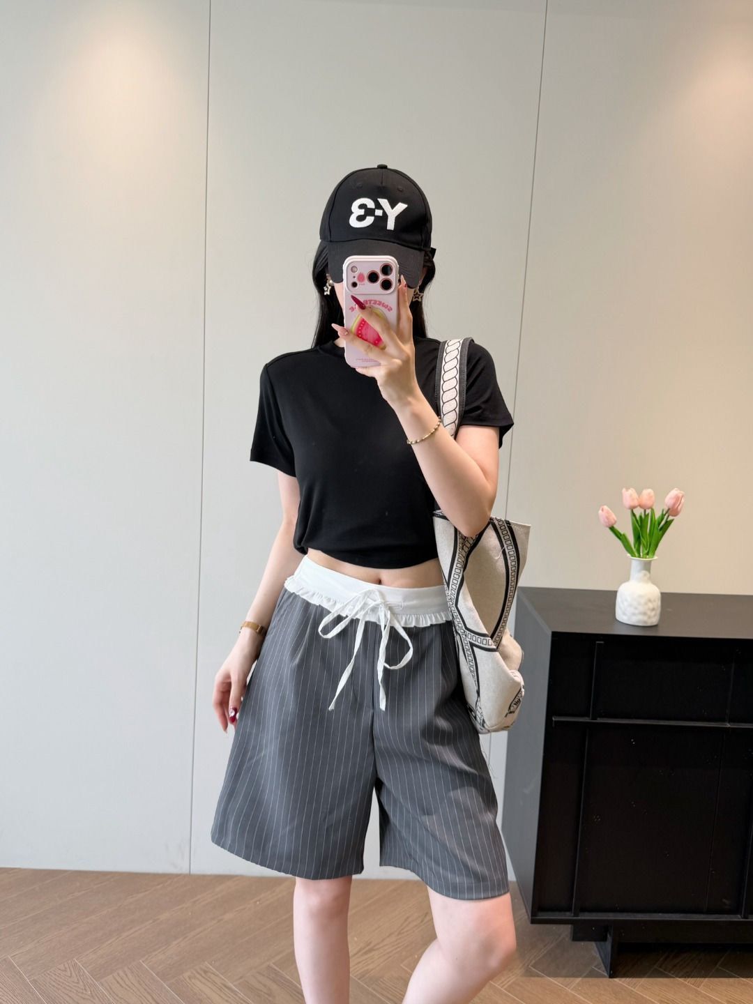 韓國??棉麻竪條紋腰頭撞色拼接木耳邊休閒中褲