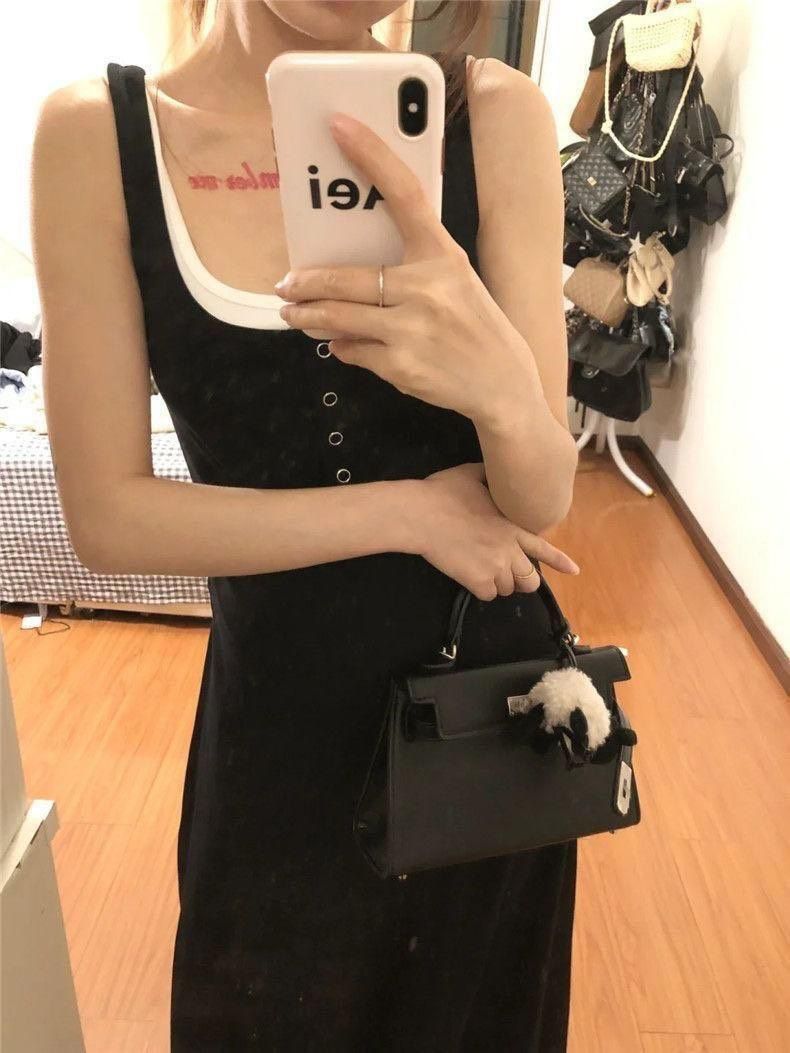 假兩件四粒扣黑色連身裙洋裝