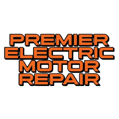 An orange and black logo for premier electric motor repair