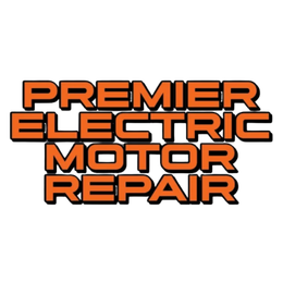 An orange and black logo for premier electric motor repair