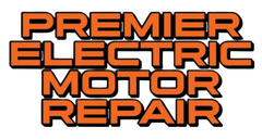 An orange and black logo for premier electric motor repair