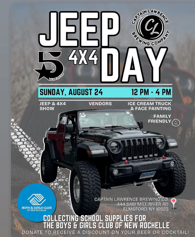 Jeep 4x4 Day, Aug 24 at Captain Lawrence Brewing Company.