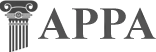 A black and white logo for appa with a pillar in the background.