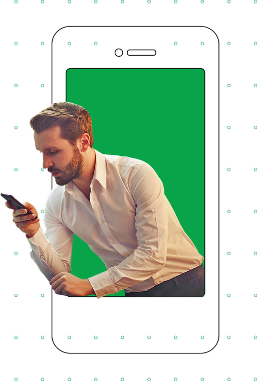 Man using phone popping out from ouline mobile phone illustration