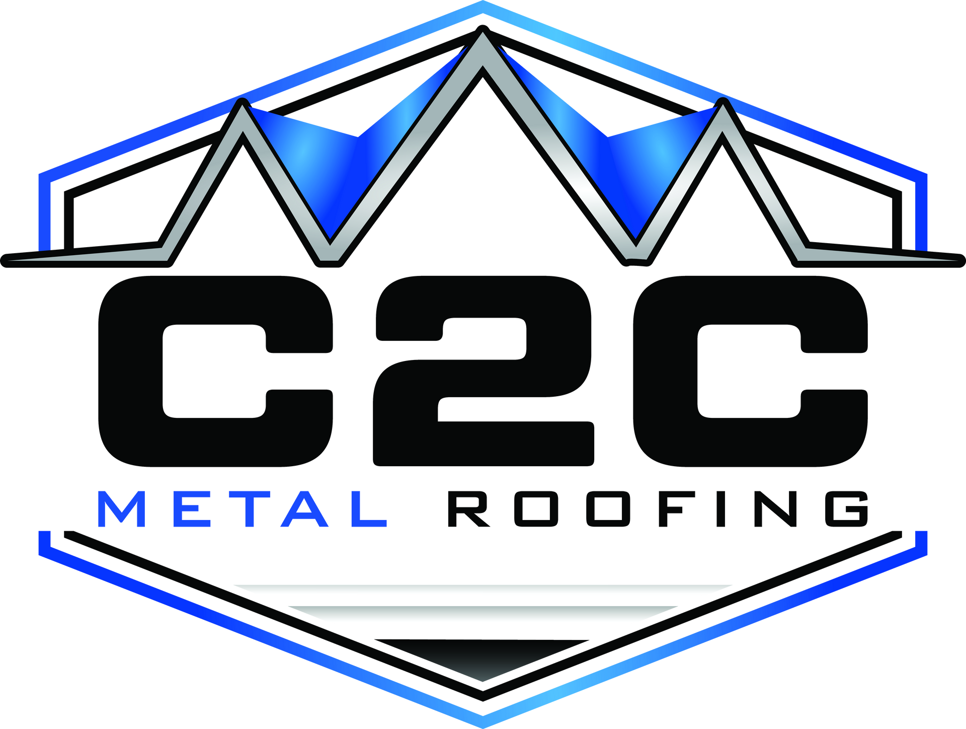 Logo for C2C Metal Roofing, featuring stylized metal roof and hexagon frame; black, blue, and silver.