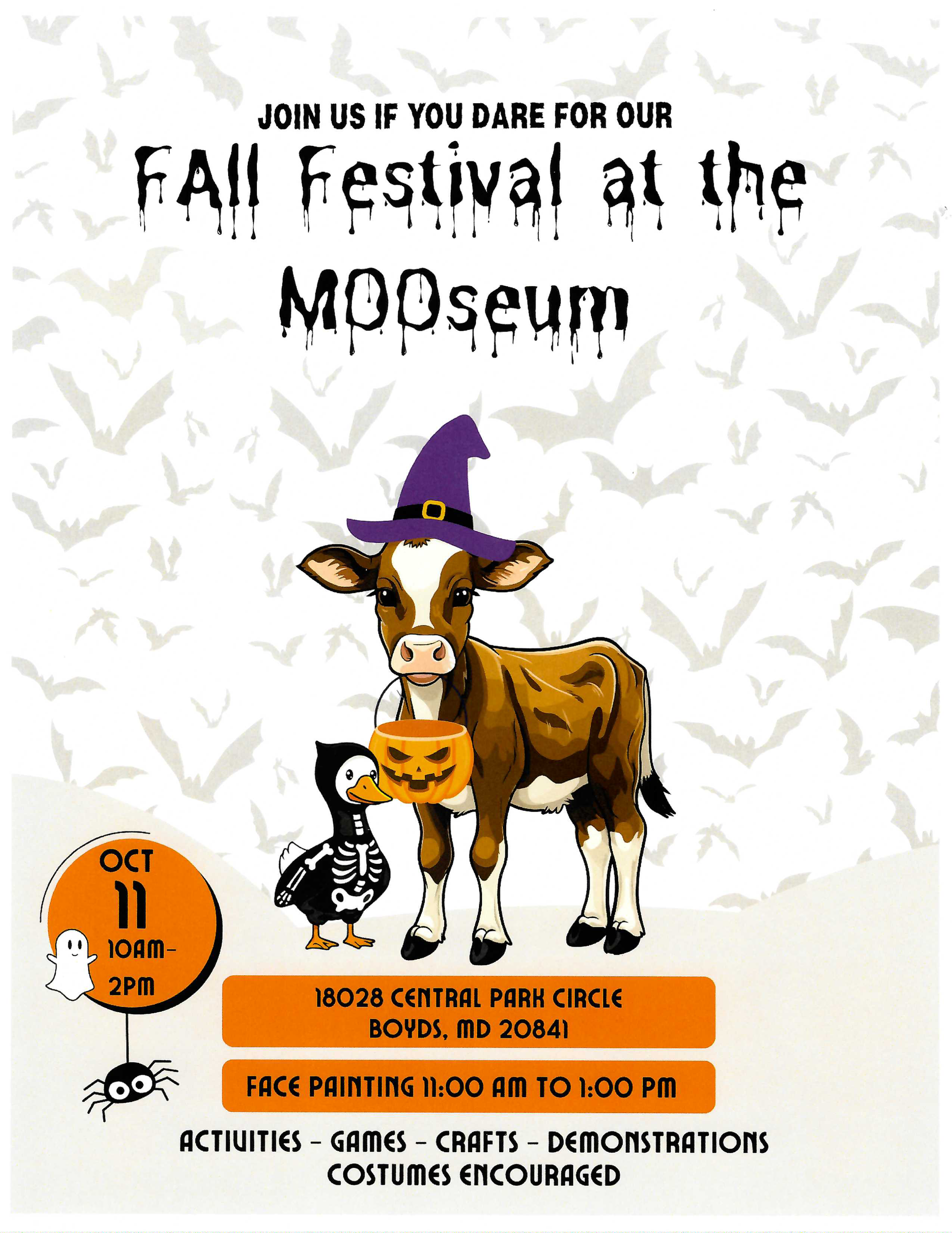 Fall Festival at the MOOseum. Cow in witch hat, skeleton penguin, October 11, games, crafts, costumes encouraged.