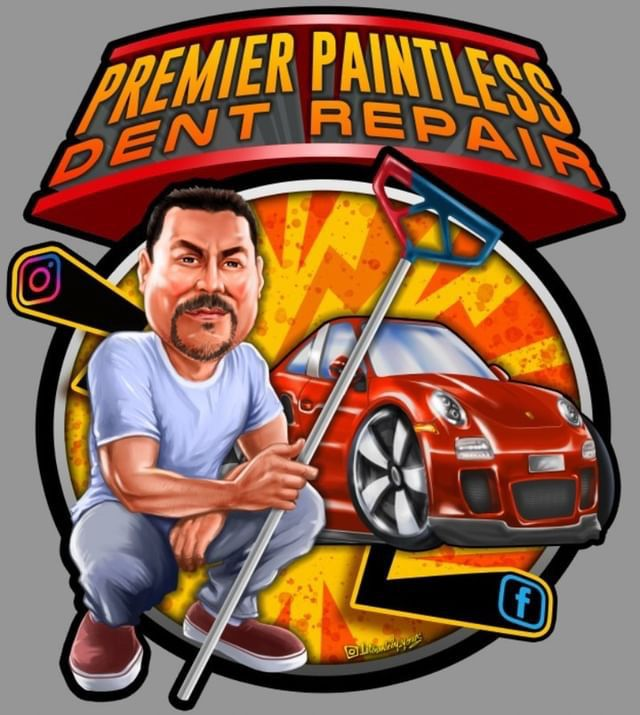 Logo with man holding dent repair tool, car, and text: Premier Paintless Dent Repair. Social media icons present.