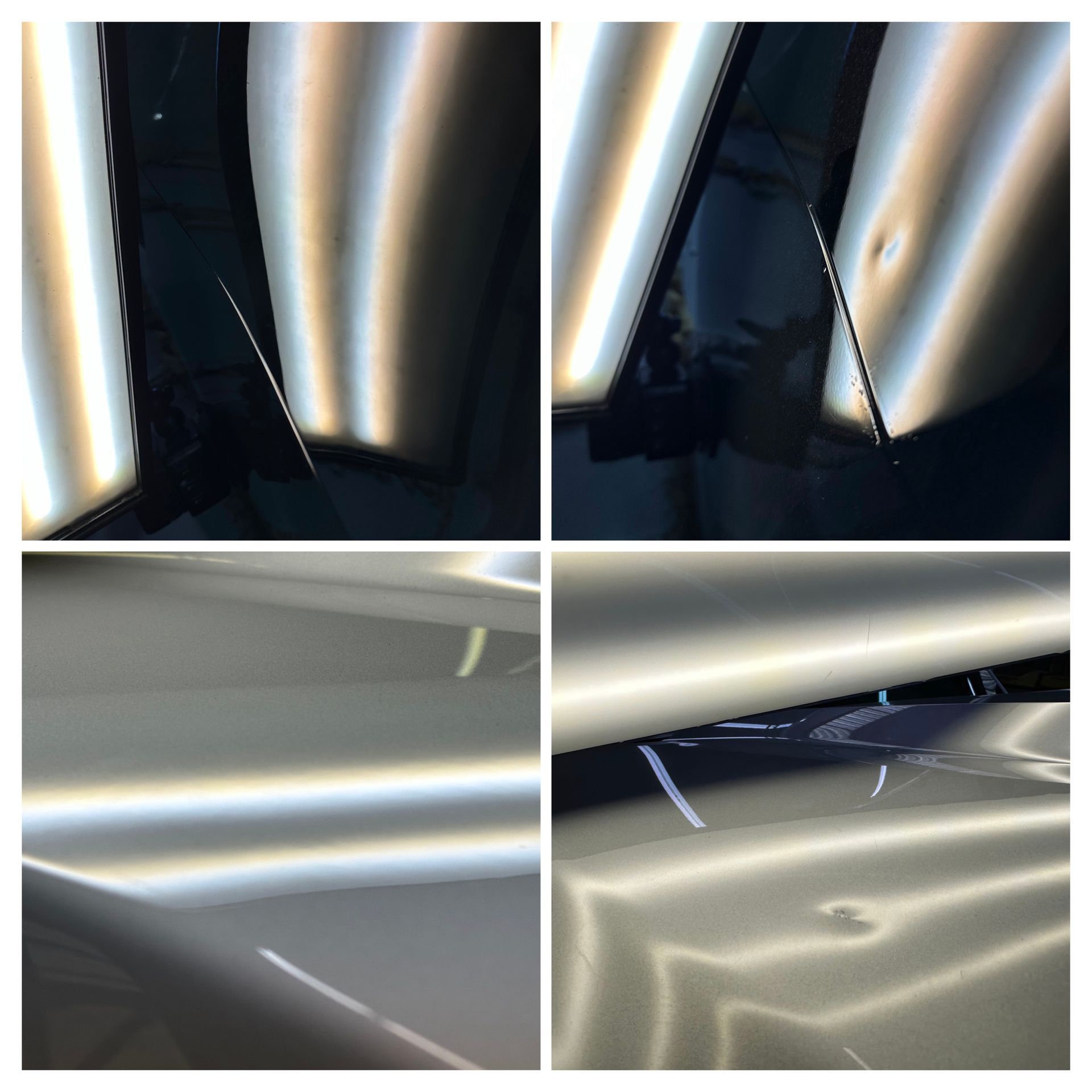 Car door with dent, reflections showing repair progress. Metal surface, tools visible.