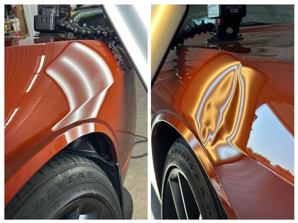 smashed bodyline fender on this Dodge Challenger repaired without having to repaint