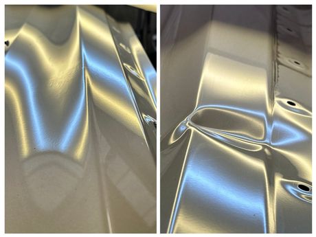 Smashed doble bodyline dent on this door  repaired using PDR