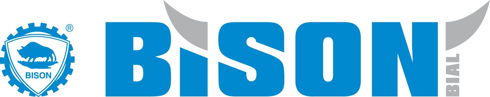 A blue and white logo for bison with a picture of a bison on it.