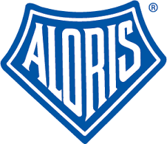 A blue and white aloris logo on a white background