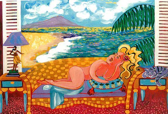 A painting of a woman laying on a couch in front of a window overlooking the ocean.