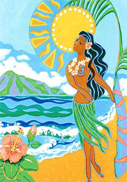 A colorful painting of a hula dancer on the beach