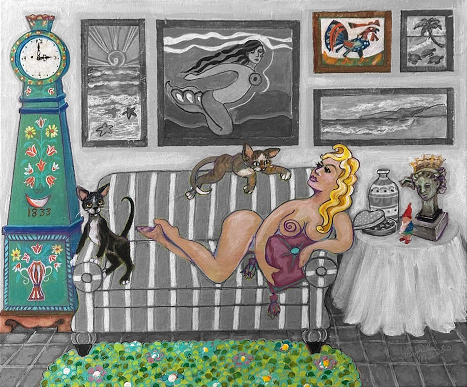 A painting of a woman laying on a couch with cats.