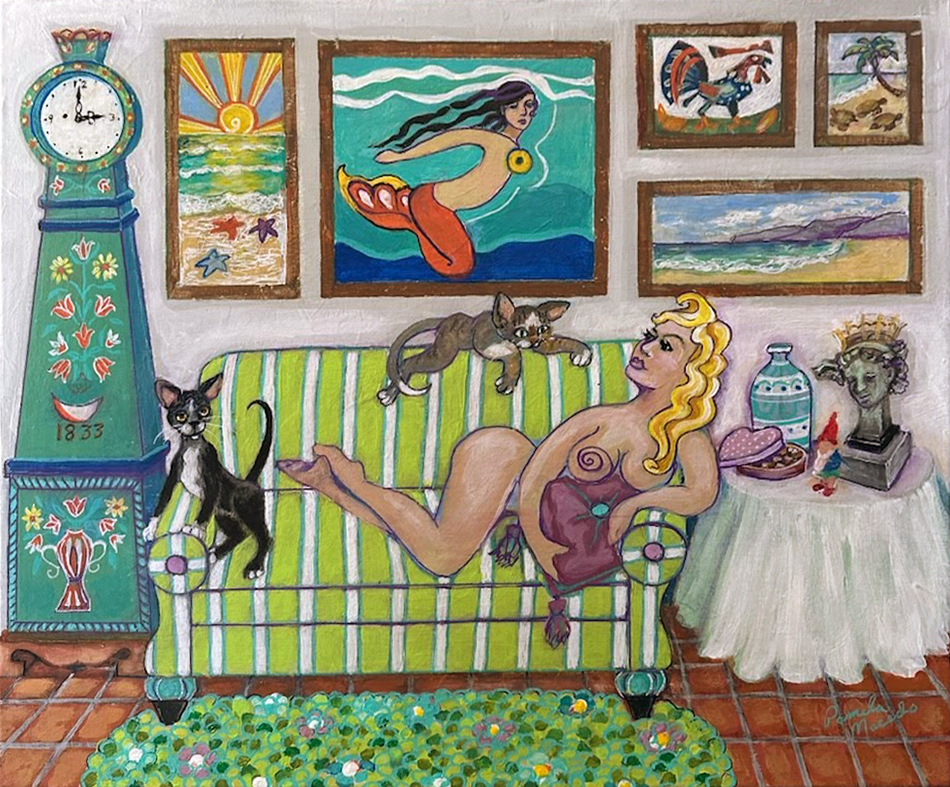 A painting of a woman laying on a couch with cats.
