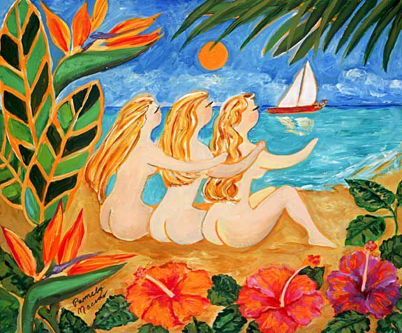 A painting of three naked ladies sitting on the beach looking out towards the water where there is a sailboat