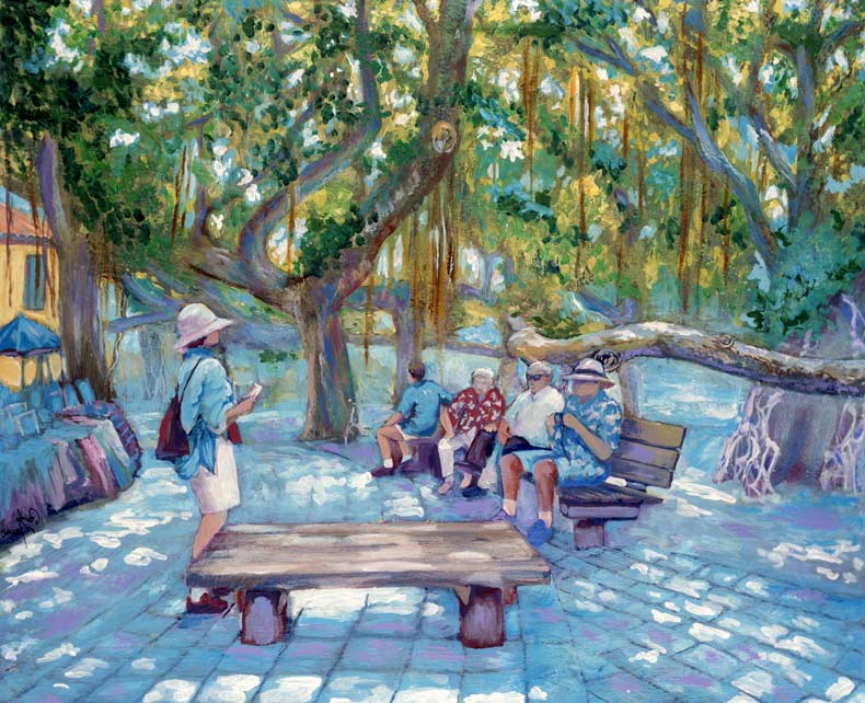 A painting of people sitting on benches under trees